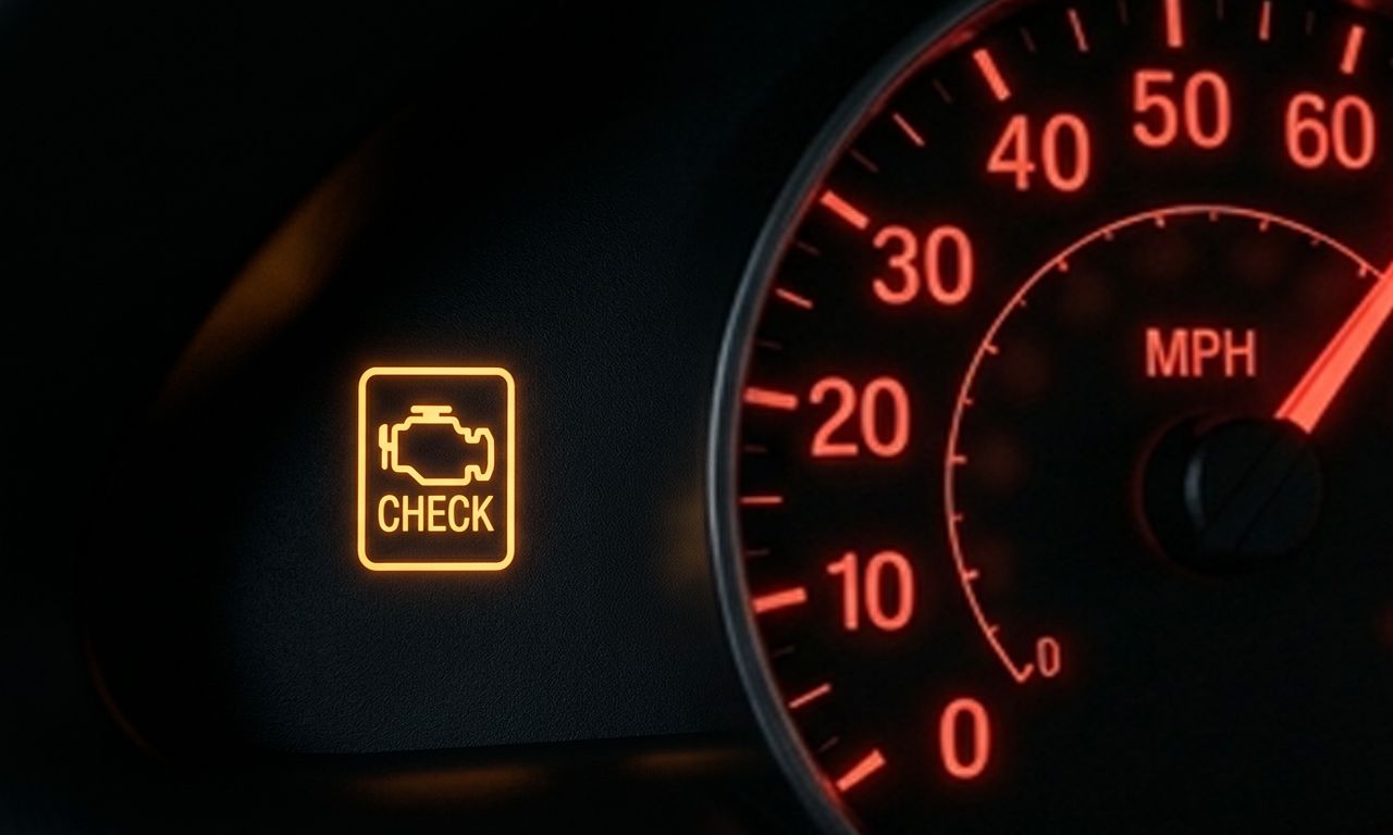 Illuminated check engine light on a car dashboard