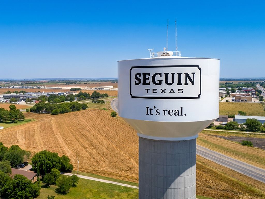 Historic Guadalupe County Courthouse and the world's largest pecan sculpture on the downtown Seguin, Texas square at golden hour