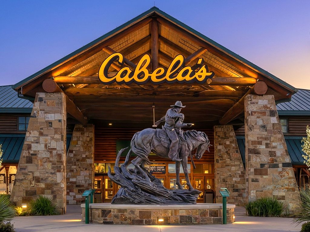 Log and stone facade of the Cabela's outdoor outfitter store in Buda, Texas with pickup trucks in the parking lot at golden hour