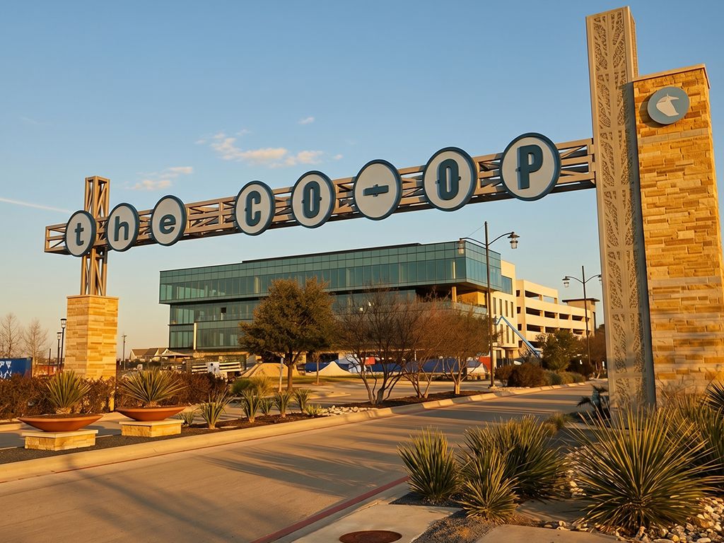 Historic grain silos lit at golden hour at the Hutto Co-Op District in Texas