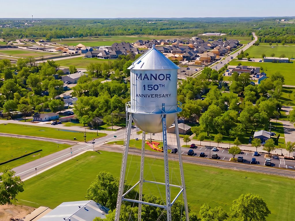 Historic 1898 City Hall building with bell tower in downtown Manor, Texas