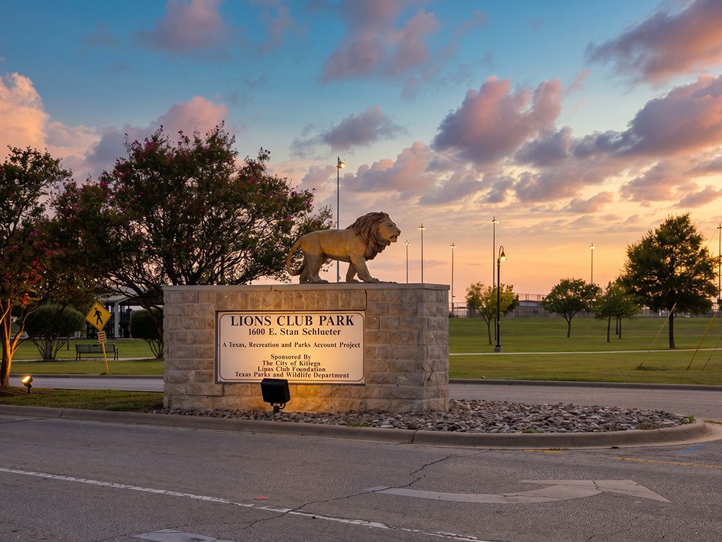 Stone lion sculpture at Lions Foundation Park sculpture garden in Liberty Hill, Texas