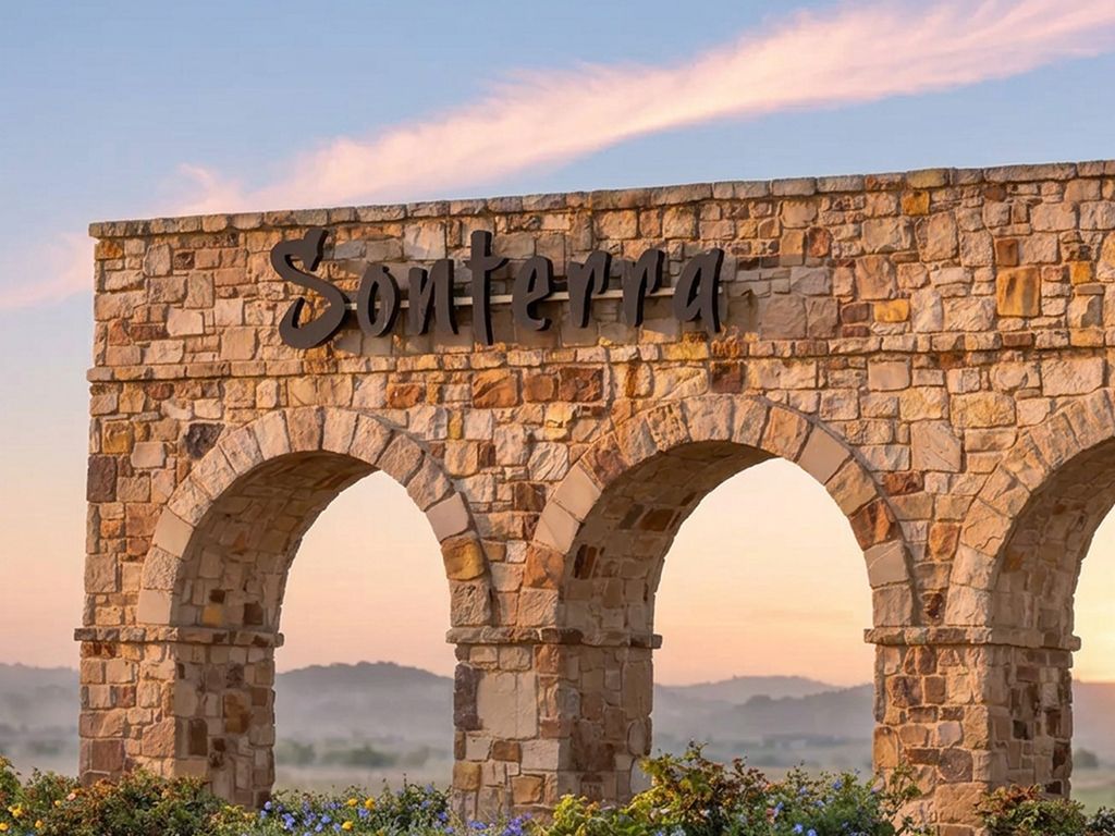 Wide suburban street with palm-lined median and new stone-and-stucco family homes in the Sonterra community in Jarrell, Texas at golden hour