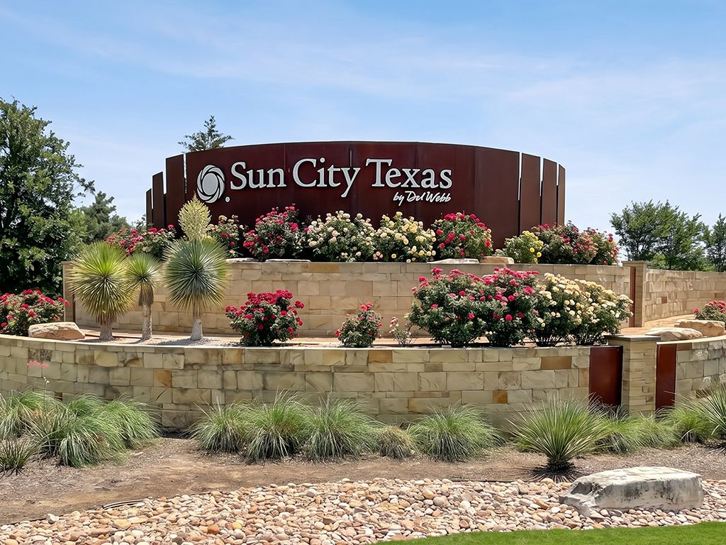 Manicured golf course and quiet residential street in Sun City Texas active adult community in Georgetown